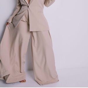 Wide-Leg High-Waist Trousers in Light Beige